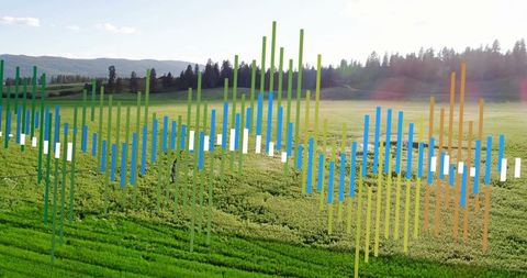 Digital Data Visualization on Rural Agricultural Landscape at Sunrise