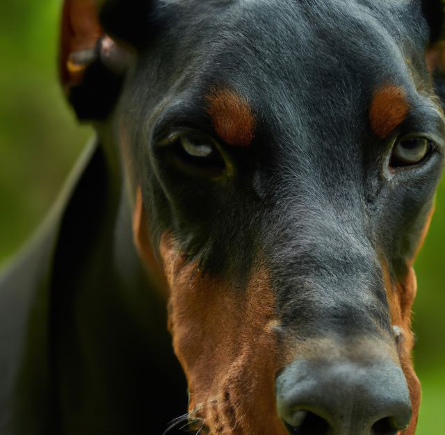 This image captures an intense close-up of a Doberman Pinscher's face, showcasing its alertness and striking black and tan markings against a natural, blurred green background. Suitable for articles, pet-related marketing materials, and content focused on canine behavior or breeds.
