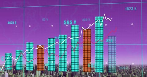 Colorful Financial Data Overlay on Cityscape Sky - Download Free Stock Images Pikwizard.com