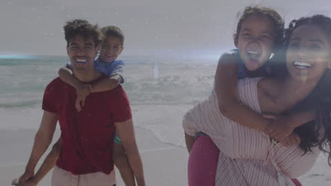 Joyful Biracial Family Relishing Beach Adventure
