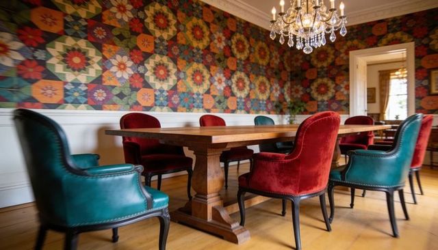 Vintage formal dining room featuring solid wood table, velvet chairs, crystal chandelier