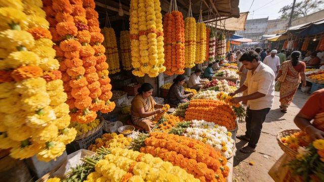 Sunlit indian flower market vendors stringing marigold garlands in vibrant colors