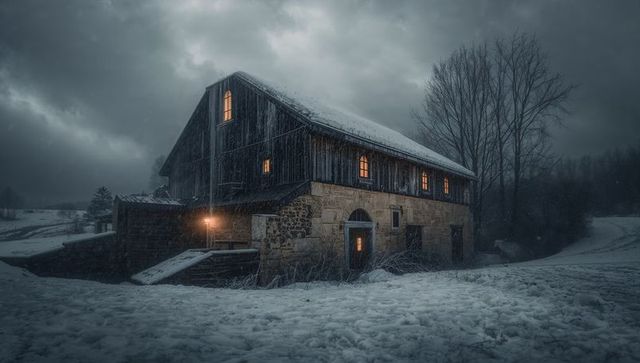 Moody snowy barn with warm lit windows and lantern at dusk winter rural night farmstead
