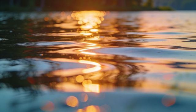 Golden sunset ripples reflecting on lake surface with bokeh orbs, tranquil amber-teal close-up