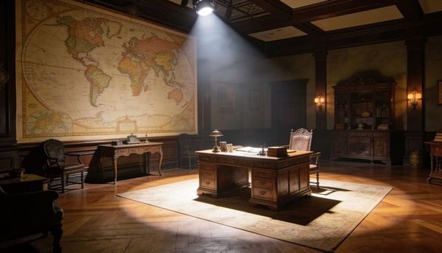 Victorian study featuring ornate wooden desk, highback chair and giant antique world map