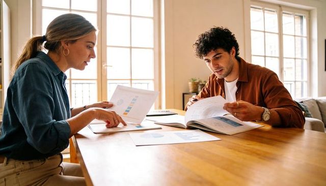 Young professionals reviewing financial reports and charts in home office, collaborating