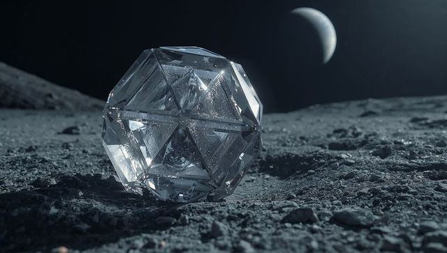 Transparent faceted crystal polyhedron resting on lunar regolith under crescent planet