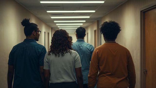 Diverse team walking down office corridor back view casual colleagues showing teamwork