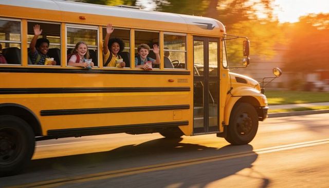 Children waving from moving yellow school bus at golden hour with snacks and backpacks