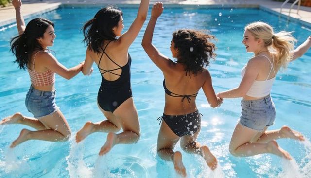 Four friends jumping into pool holding hands, splashing water, sunny summer swimwear fun