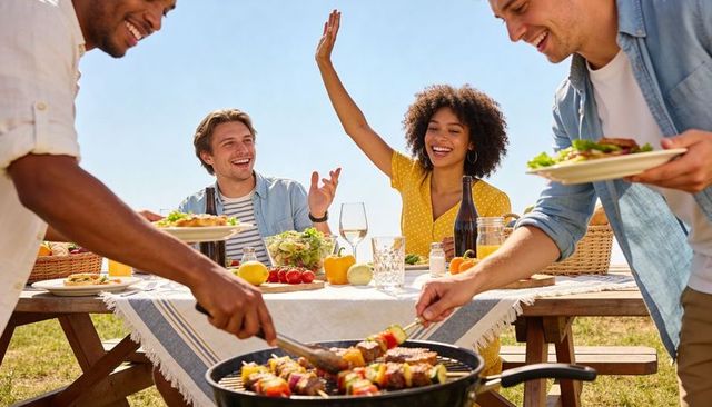 Grilling friends enjoying sunny summer picnic barbecue with skewers, salad, wine, laughter