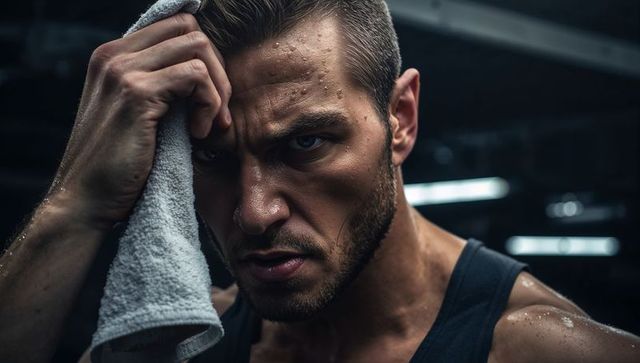 Muscular athlete wiping sweat with towel, staring intensely after workout