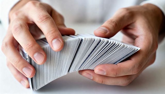 Fanning playing cards with skilled hands showing cardistry, sleight and dexterity, closeup