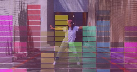 Woman celebrating dance day with colorful digital overlay