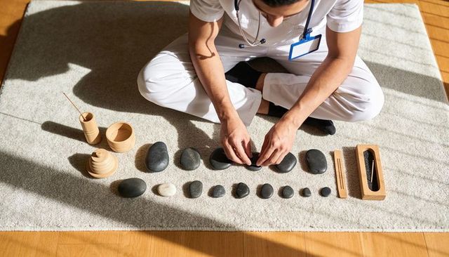 Male clinician arranging basalt stones for mindfulness wellness and spa therapy