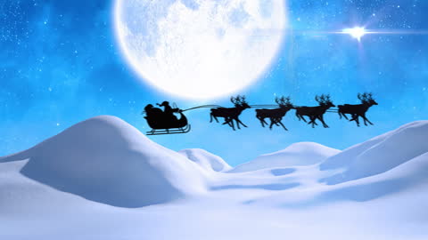 Santa's Sleigh Flying Across Moonlit Snowy Landscape