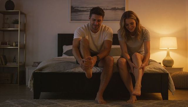 Couple Relaxing on Bed at Night Tending Feet and Legs in Cozy Warm-Lit Bedroom