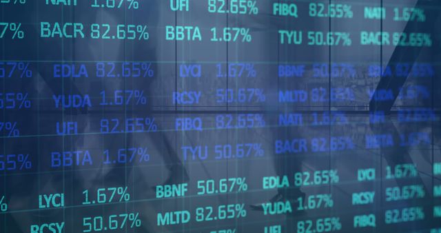 Digital display showing an array of stock market data with a blue background, depicting financial numbers and symbols. Ideal for use in articles about financial markets, investment strategies, economic analysis, and technology in finance.