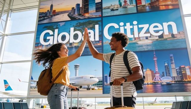 High-fiving young couple celebrating travel at airport gate with global citizen mural