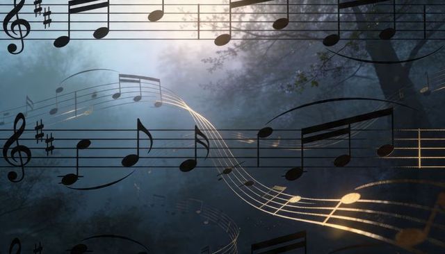 Ethereal musical notes floating through misty forest at dawn