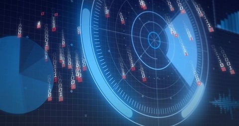 Cyber radar hud sweeping with cascading binary streams and neon blue data visualization