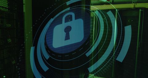 Cybersecurity lock icon over server room interface background
