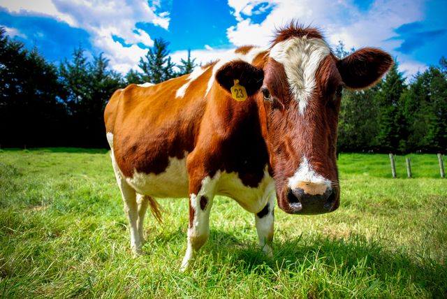 Farm scene with brown and white cow grazing in sunny field, ideal for agriculture, livestock, and rural lifestyle-related content. Countryside ambiance makes it suitable for promoting dairy farming, educational materials about farm animals, or ads featuring rural settings.