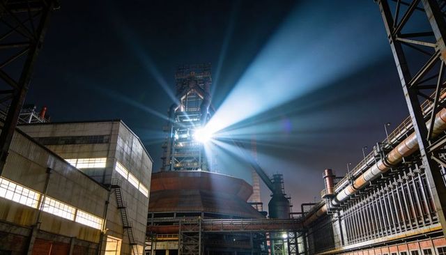 Nighttime blast furnace illuminating industrial steelworks with dramatic floodlight beams