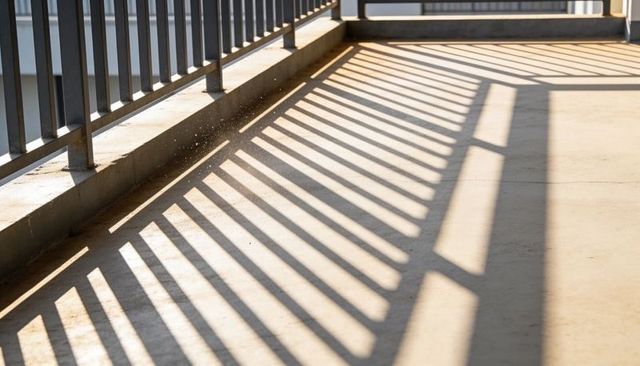 Low Sun Casting Railing Shadows on Concrete Walkway with Dust and Strong Leading Lines