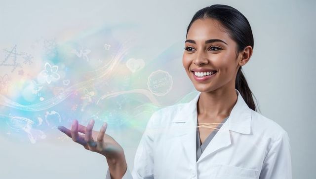 Smiling female scientist projecting pastel holographic health and tech icons from palm