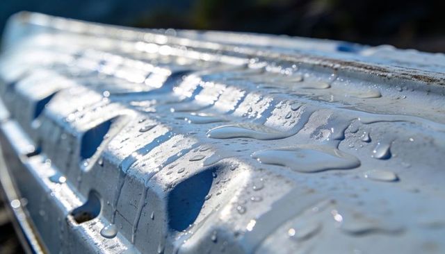 Glistening corrugated metal panel reflecting sunlight and holding water droplets