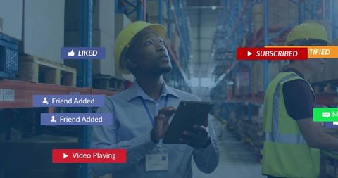 Warehouse Worker Inspecting Inventory with Tablet and Hard Hat for Digital Logistics