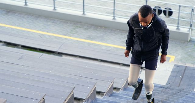 Determined Athlete with Leg Prosthetics Running Up Stairs for Fitness - Download Free Stock Images Pikwizard.com