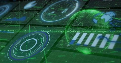 Holographic Green Globe and Radar HUD Dashboard Showing Global Data Visualization