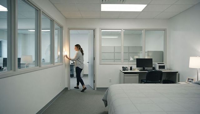 Woman reaching wall switch in private minimal office-bedroom hybrid workspace with desk and bed