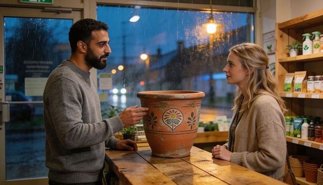 Evening plant shop conversation: shopkeeper advising customer over terracotta planter