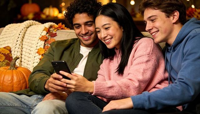 Young friends sharing smartphone on cozy autumn sofa with pumpkin and warm home lights