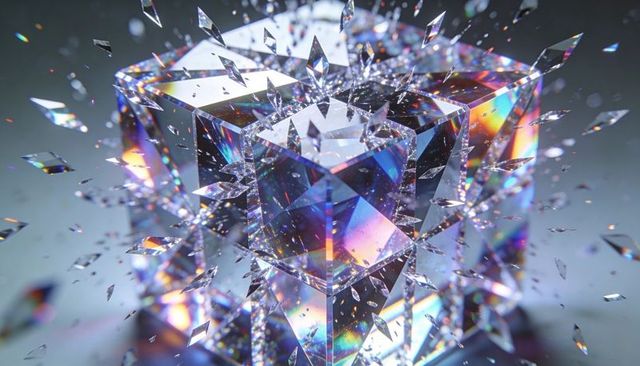 Shattering prismatic crystal cube scattering glass shards and rainbow light reflections bokeh