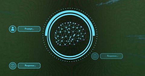 Ai neural interface pulsing brain in neon cyan rings with prompt and response ui callouts
