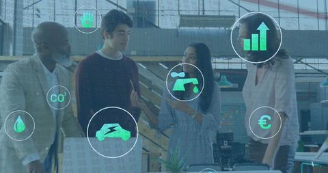 Diverse Professionals Collaborating with Eco-Friendly Icons