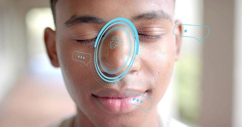 Teen experiencing futuristic holographic ai interface with floating chat bubbles