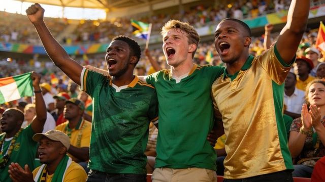 Cheering fans linking arms and shouting in stadium wearing green and gold jerseys chanting