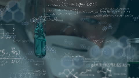 Innovative Scientist Investigating Lab Experiment with Mathematical Equations Overlay