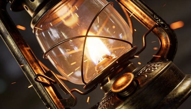 Flickering antique brass lantern emitting warm flame and golden sparks for rustic ambience
