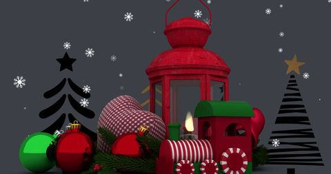 Festive Christmas Lantern with Baubles and Wooden Train