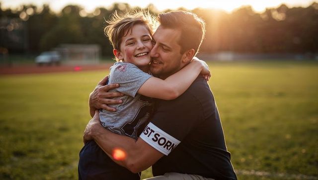 Father and Son Bonding at Sunset on Sports Field