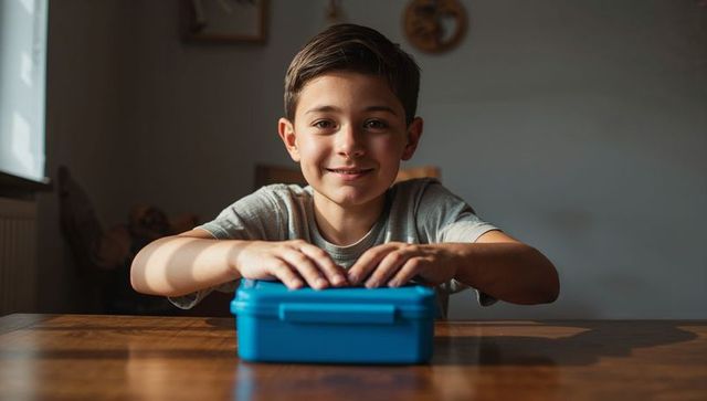Smiling schoolboy leaning on wooden table with blue lunchbox bathed in warm sunlight