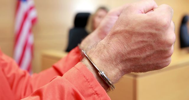 Prisoner in handcuffs appearing in courtroom during legal hearing. Focus on hands in handcuffs, revealing intense situation and legal process. American flag in background symbolizes US legal system. Ideal for articles or blogs about justice, crime, law, courtroom proceedings, legal consequences, law enforcement procedures, or incarceration.