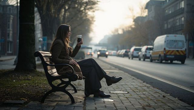 Woman sipping takeaway coffee on bench along urban street at hazy autumn sunrise