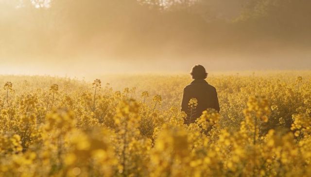 Solitary figure standing in golden canola field at sunrise with misty treeline